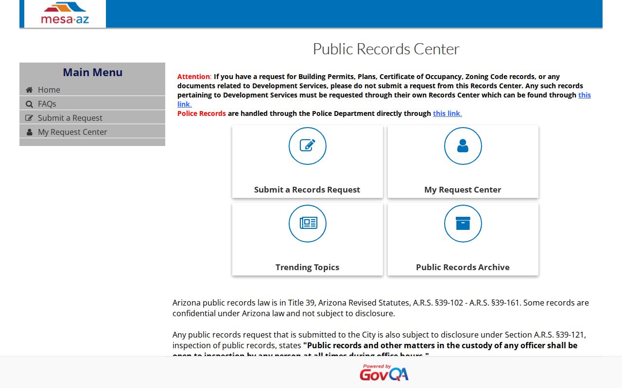 Mesa neighbors GovQA public records request portal
