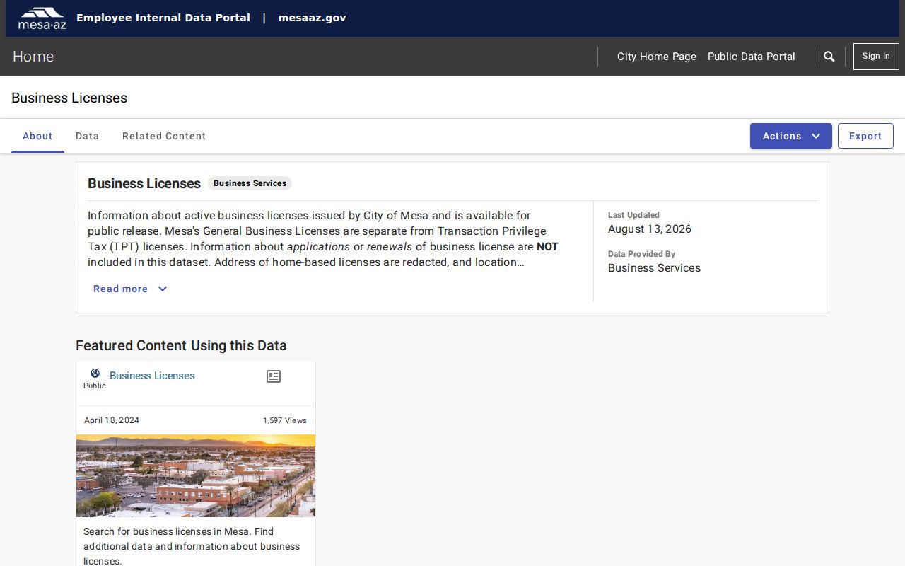 Mesa neighbors active business license dataset