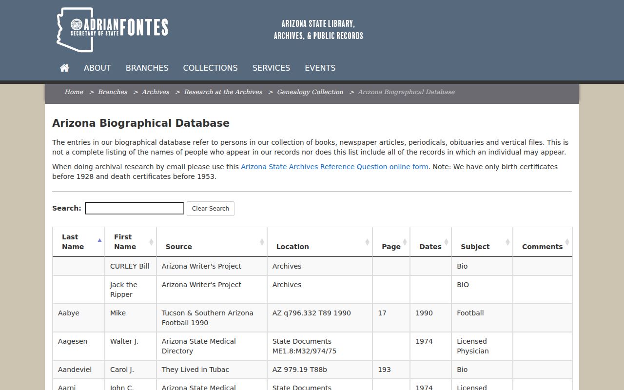 Mesa resident lookup in the Arizona Biographical Database